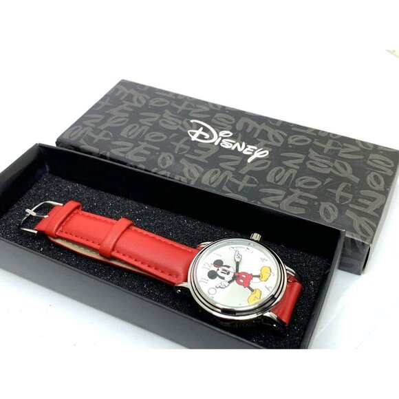 Disney Mickey Mouse Women's Watch Silver Tone Case 38mm Red Leather Band… - Picture 3 of 14